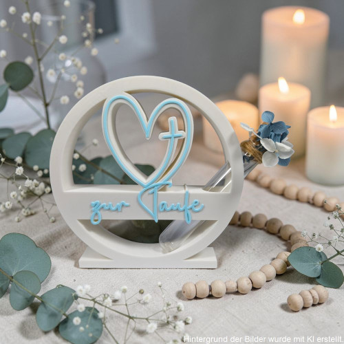 Tauf-Deko mit Herz- und Kreuzmotiv, „zur Taufe“-Schriftzug und kleinem Glasröhrchen mit Trockenblumen,